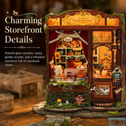 A miniature vintage toy store storefront display with warm glowing interior lights, red curtains, stained-glass-style panels, shelves filled with tiny decorative items, and mossy green accents. Text on the left reads 'Charming Storefront Details' with descriptive copy about stained-glass touches, mossy garden accents, and a whimsical storefront charm.
