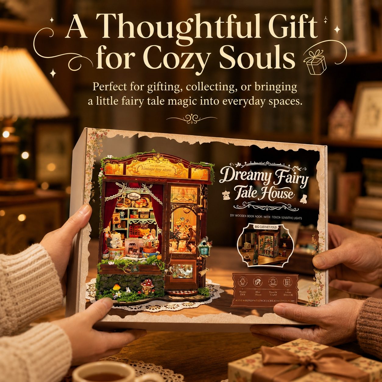 A person holds a decorative gift box featuring a colorful illustration of a fairy tale shop and the text 'Dreamy Fairy Tale House.' The scene is set in a cozy indoor environment with warm lighting, shelves, and other wrapped gifts on a table.