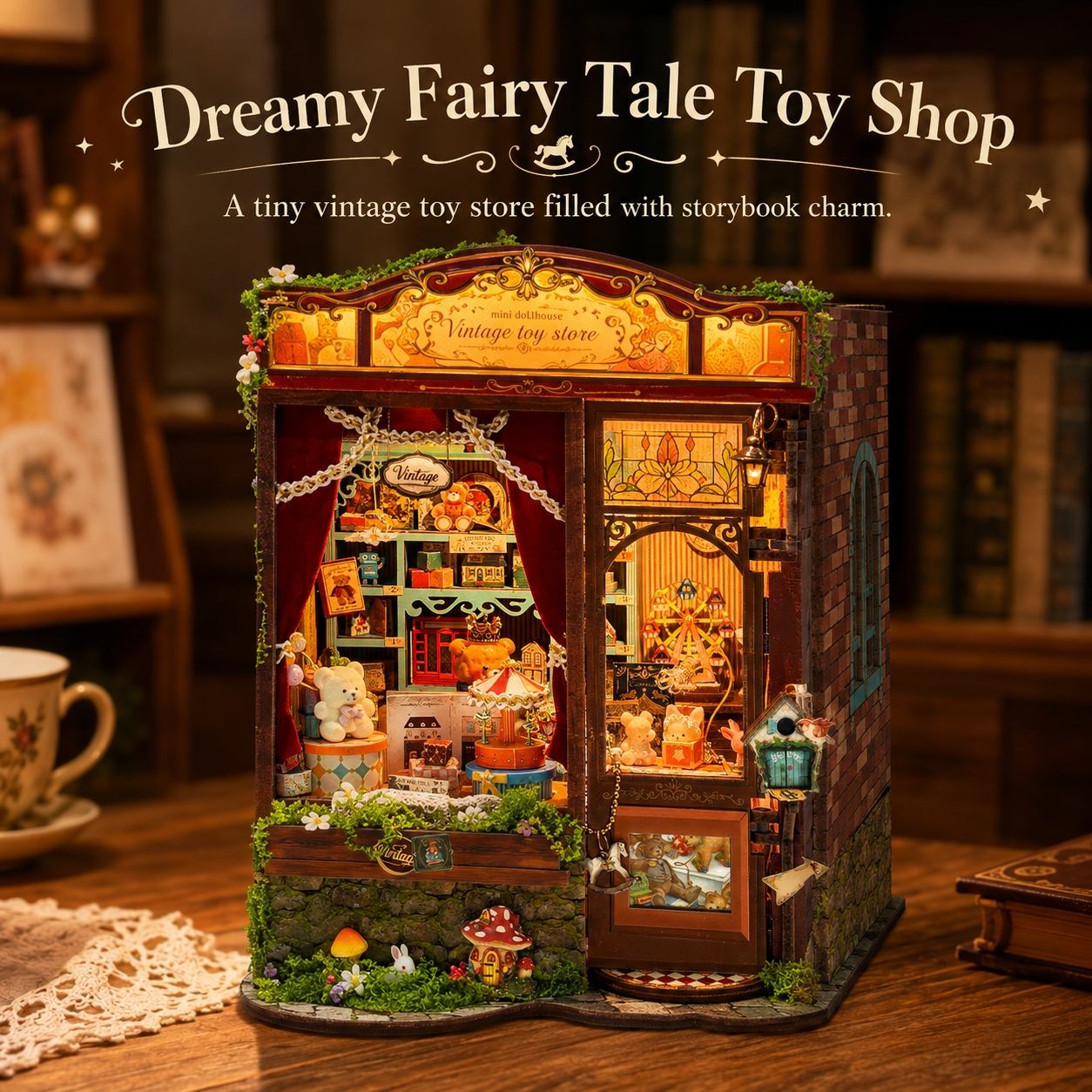A miniature fairy tale toy store diorama with intricate vintage details, glowing warm lights, and tiny figurines, displayed on a wooden table with a cozy blurred background. Text overlay at the top reads 'Dreamy Fairy Tale Toy Shop'.