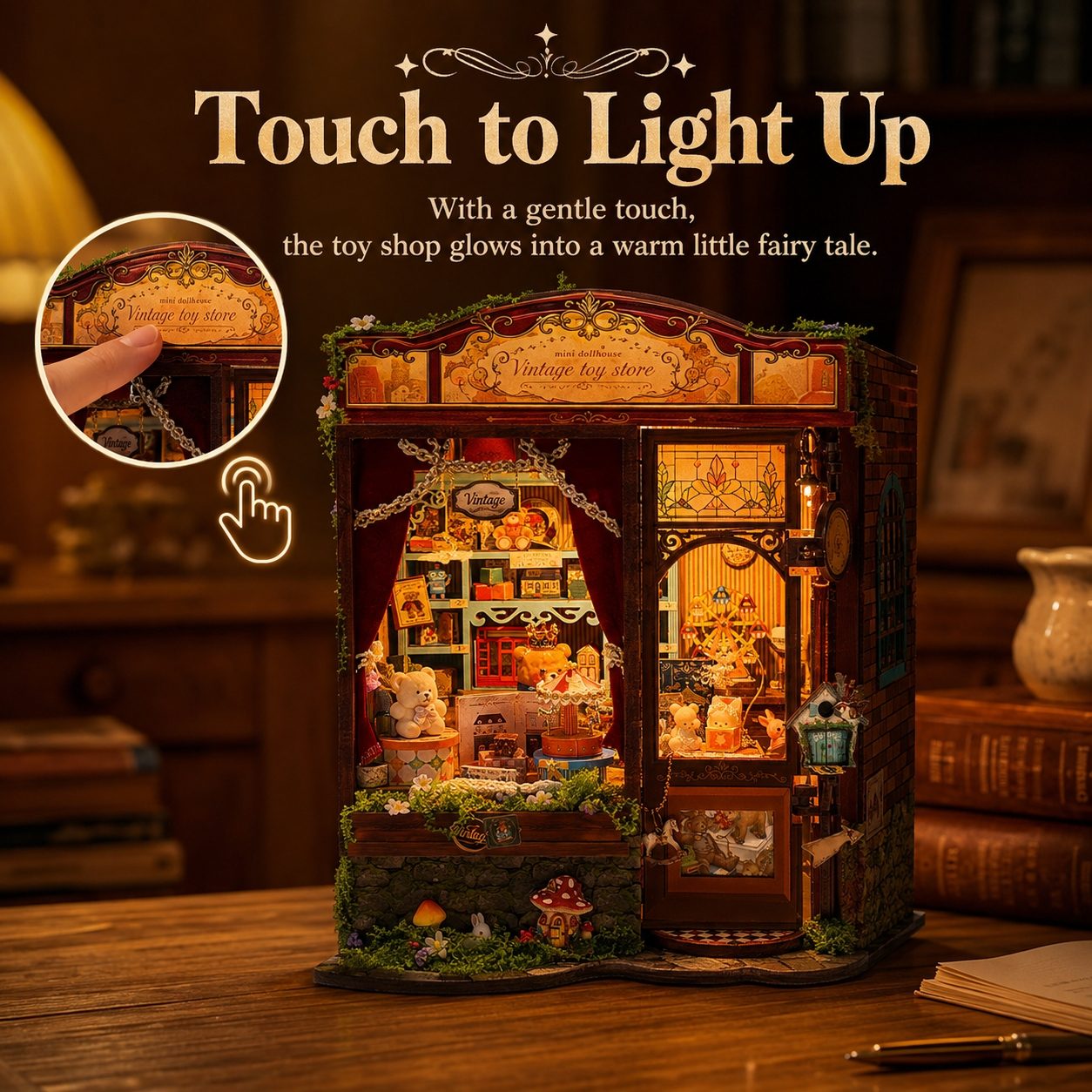 A miniature toy shop dollhouse with warm LED lighting, shown on a wooden table with promotional text reading 'Touch to Light Up' and a circular inset demonstrating a finger press to activate the glow.