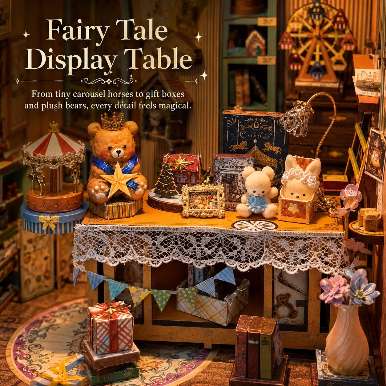 A miniature fairy tale display table dollhouse scene with a lace-covered table holding a teddy bear, plush toys, gift boxes, a carousel, and cozy decorative props in a warm, whimsical room setting.