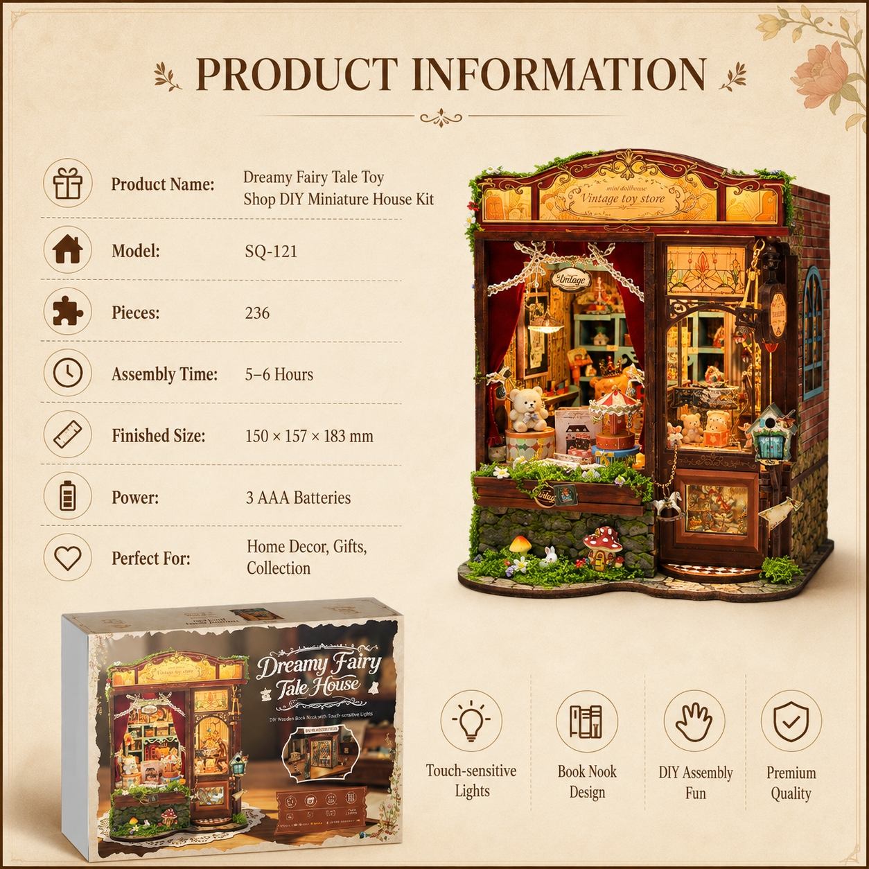 Product information graphic for the Dreamy Fairy Tale House DIY Miniature House Kit, showing the assembled miniature house on the right, the retail box on the lower left, and feature/spec text on the left side on a beige background.