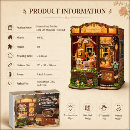 Product information graphic for the Dreamy Fairy Tale House DIY Miniature House Kit, showing the assembled miniature house on the right, the retail box on the lower left, and feature/spec text on the left side on a beige background.