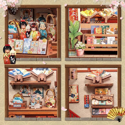 collage of Miniature scenes of TsukinoEogi-dou Miniature House with various decorative items