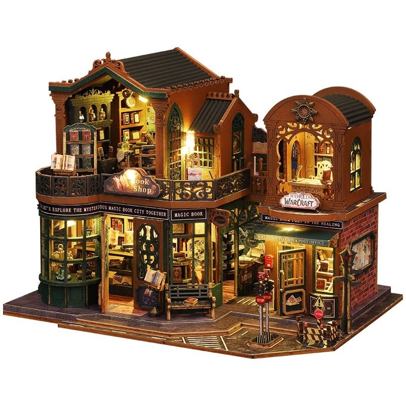 image displaying an assembled Twilight Bookstore DIY Miniature House Kit with lights on in a white background