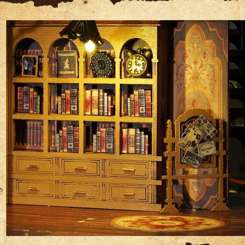 image displaying miniature bookshelf filling with books in the Twilight Bookstore DIY Miniature House Kit with lights on