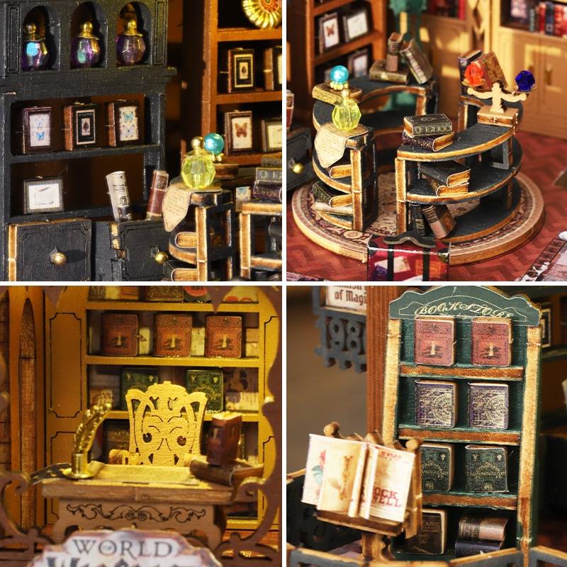 image displaying miniature scenes of the Twilight Bookstore DIY Miniature House Kit 