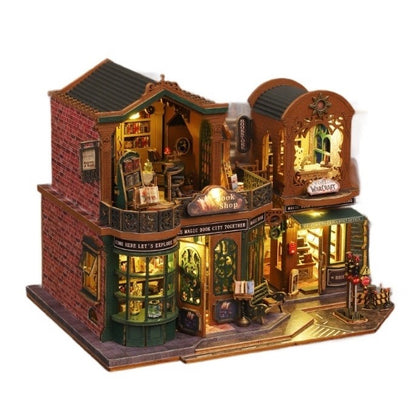 image displaying left side view of an assembled Twilight Bookstore DIY Miniature House Kit with lights on in a white background