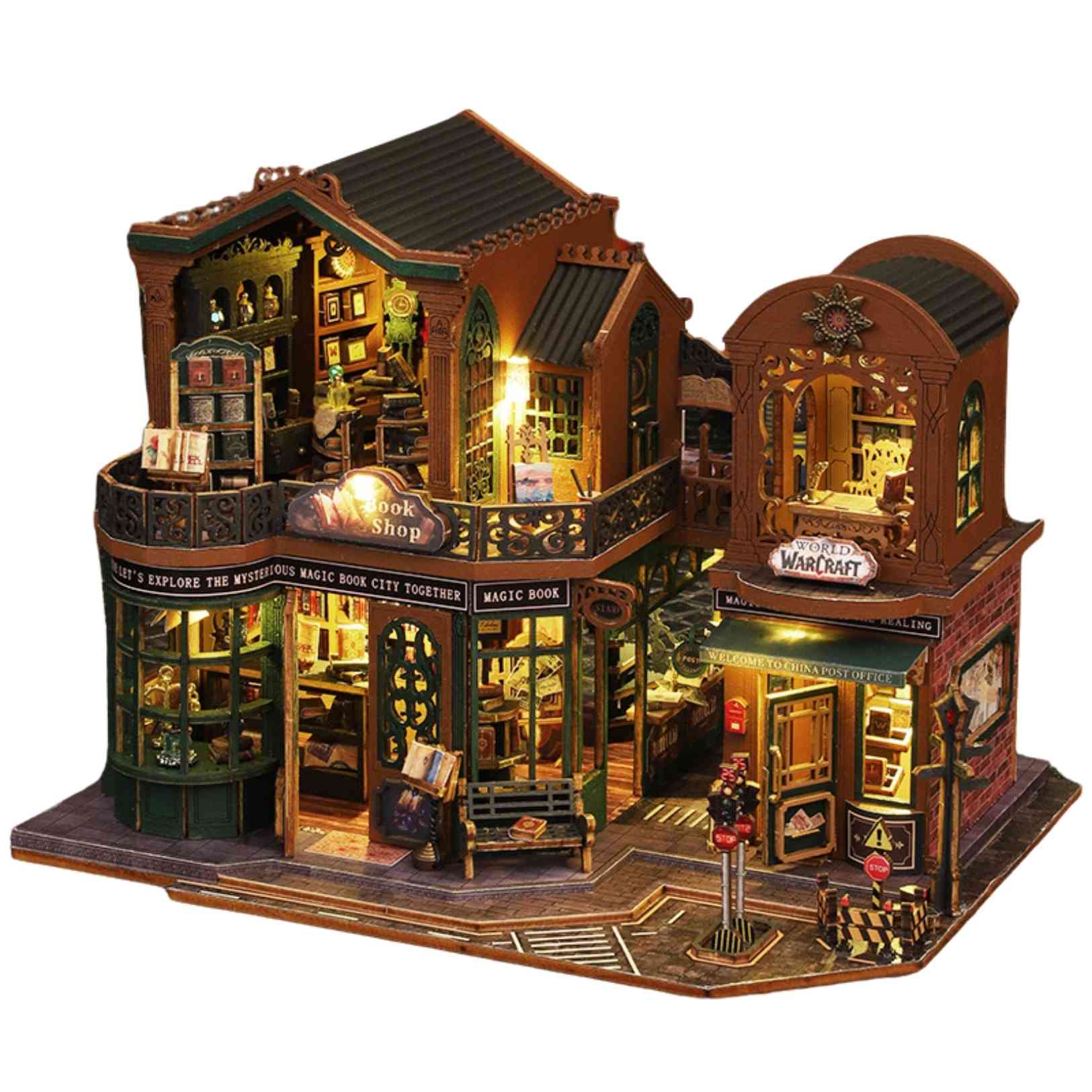 image displaying an assembled Twilight Bookstore DIY Miniature House Kit with lights on in a white background