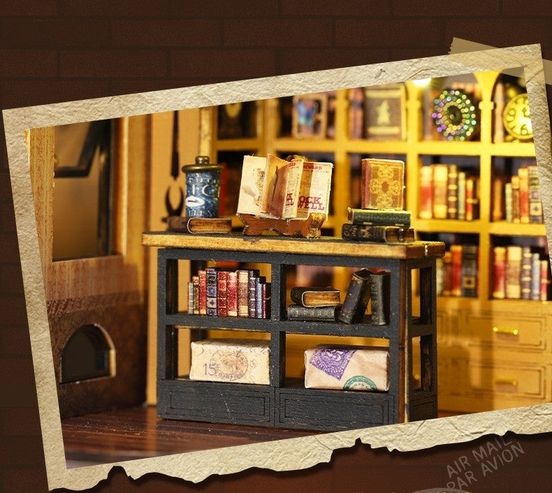 image displaying miniature table with books in the Twilight Bookstore DIY Miniature House Kit