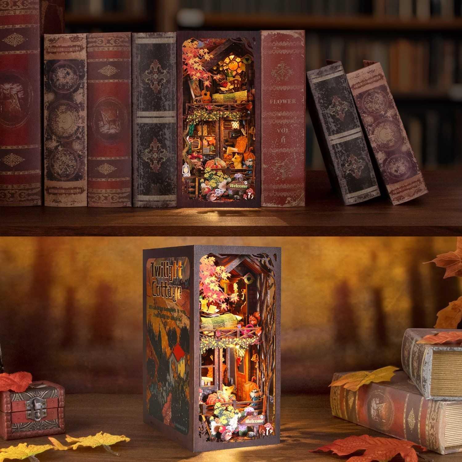 Twilight Cottage DIY Book Nook Kit, a miniature crafts featuring a a delightful miniature cottage scene. Perfect for DIY lovers, bookend lovers, model building lovers, dollhouse collectors, bookshelf insert decor.