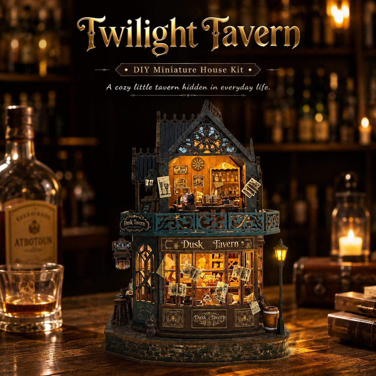 Twilight Tavern DIY miniature house kit displayed on a wooden bar counter in a dimly lit bar setting. The miniature two-story pub features glowing warm yellow interior lights, detailed shop windows, a balcony, and a dark teal and brown exterior.