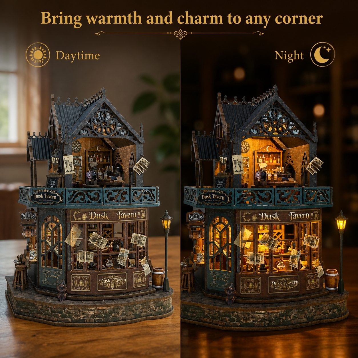 A  two-story miniature shop model labeled 'Dusk Tavern' shown in a side-by-side daytime/nighttime comparison. The left side shows the structure in warm daylight with blue-gray framing and glowing amber interior details.