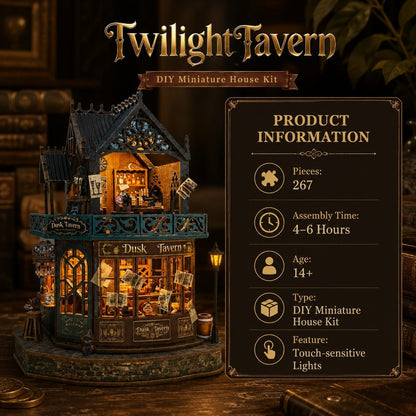 Twilight Tavern DIY miniature house kit displayed on a dark wooden surface, with a product information panel to the right. The kit includes a detailed two-story tavern structure with warm glowing windows, decorative signage, and a dark teal and brown color scheme.