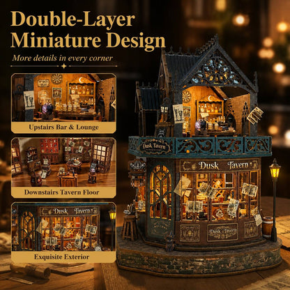 A double-layer miniature diorama set featuring a dark teal and brown 'Dusk Tavern' building with warm yellow internal lighting, shown alongside three inset detail photos of the upstairs bar, downstairs tavern floor, and exterior. Large text at the top reads 'Double-Layer Miniature Design' and 'More details in every corner.