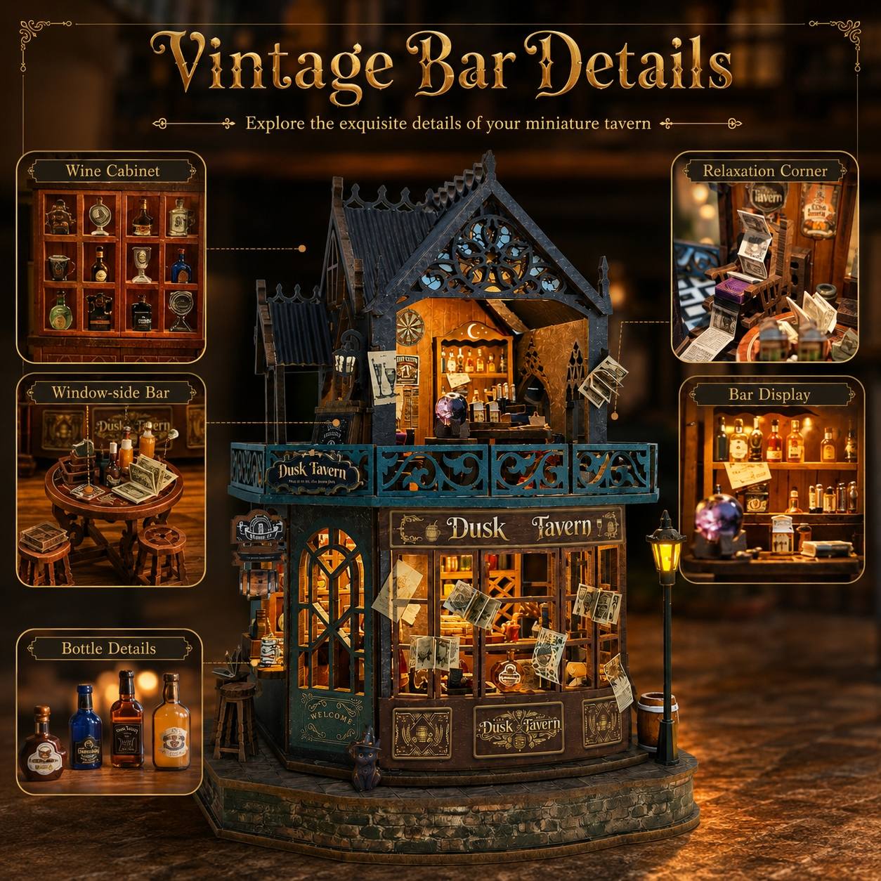 A miniature vintage bar and tavern model displayed on a stone base, surrounded by labeled inset detail views including wine cabinet, windowsill bar, relaxation corner, bar display, and bottle details. Large text at the top reads 'Vintage Bar Details.