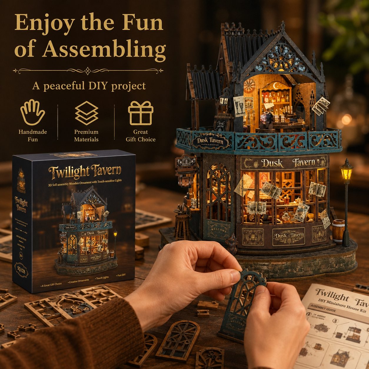 A person is assembling a detailed Twilight Tavern DIY model kit, with the assembled illuminated multi-story tavern structure on the right, the product box on the left, and scattered wooden components on a table. The scene is warmly lit with golden text overlays highlighting the benefits of the DIY project.