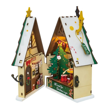 image displaying the assembled Twinkling Christmas House DIY Miniature House Kit with front part open