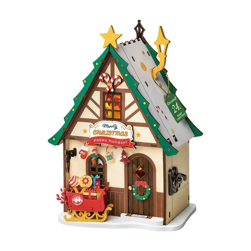 image displaying the assembled Twinkling Christmas House DIY Miniature House Kit