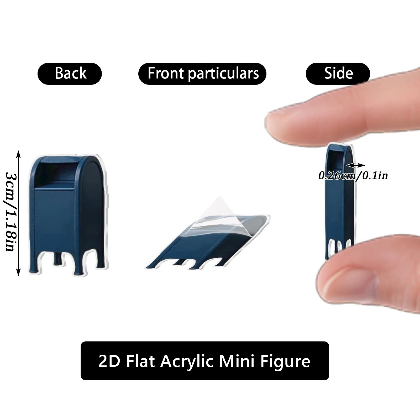 2D flat acrylic mini figure with measurements and perspectives shown