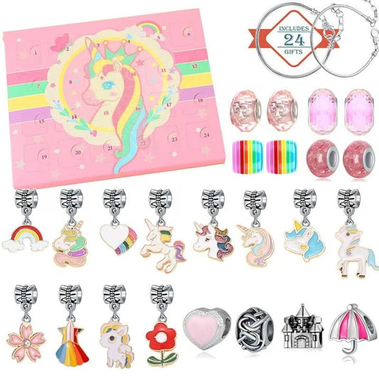 image displaying spread out of the Unicorn Advent Calendar Christmas Countdown Bracelet Set of pink color, including the 22 charms, 2 bracelet, and the package