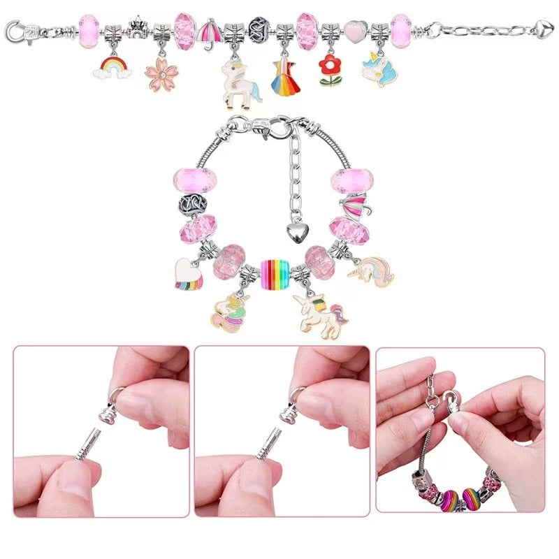 image displaying 2 finished bracelets of the Unicorn Advent Calendar Christmas Countdown Bracelet Set, and how to assemble the bracelet