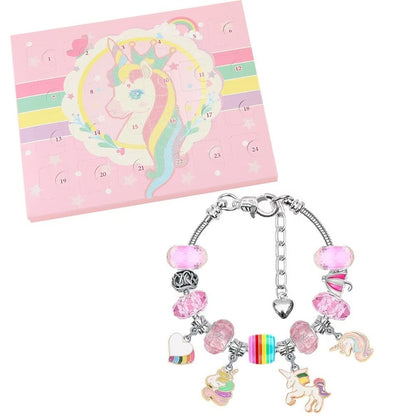 image displaying the finished Unicorn Advent Calendar Christmas Countdown Bracelet Set and its package box