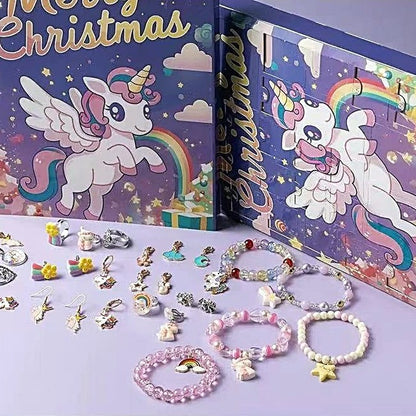 Unicorn-themed jewelry set with advent calendar in the background