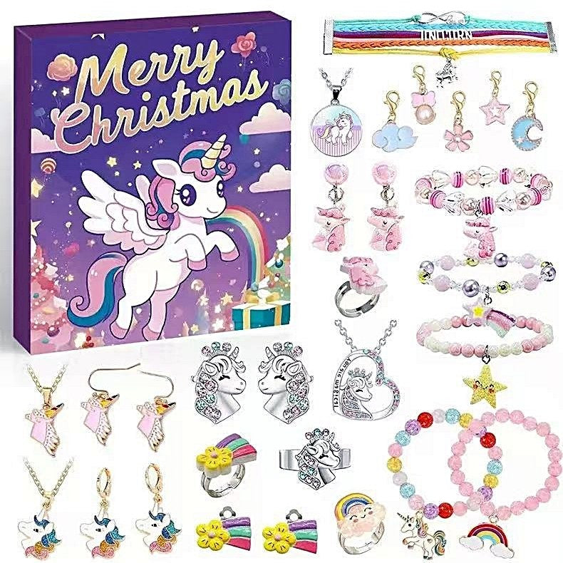 Unicorn-themed jewelry set with 'Merry Christmas' box
