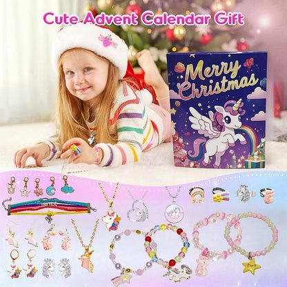 Advent calendar gift with unicorn design and children's jewelry, surrounded by festive decorations.