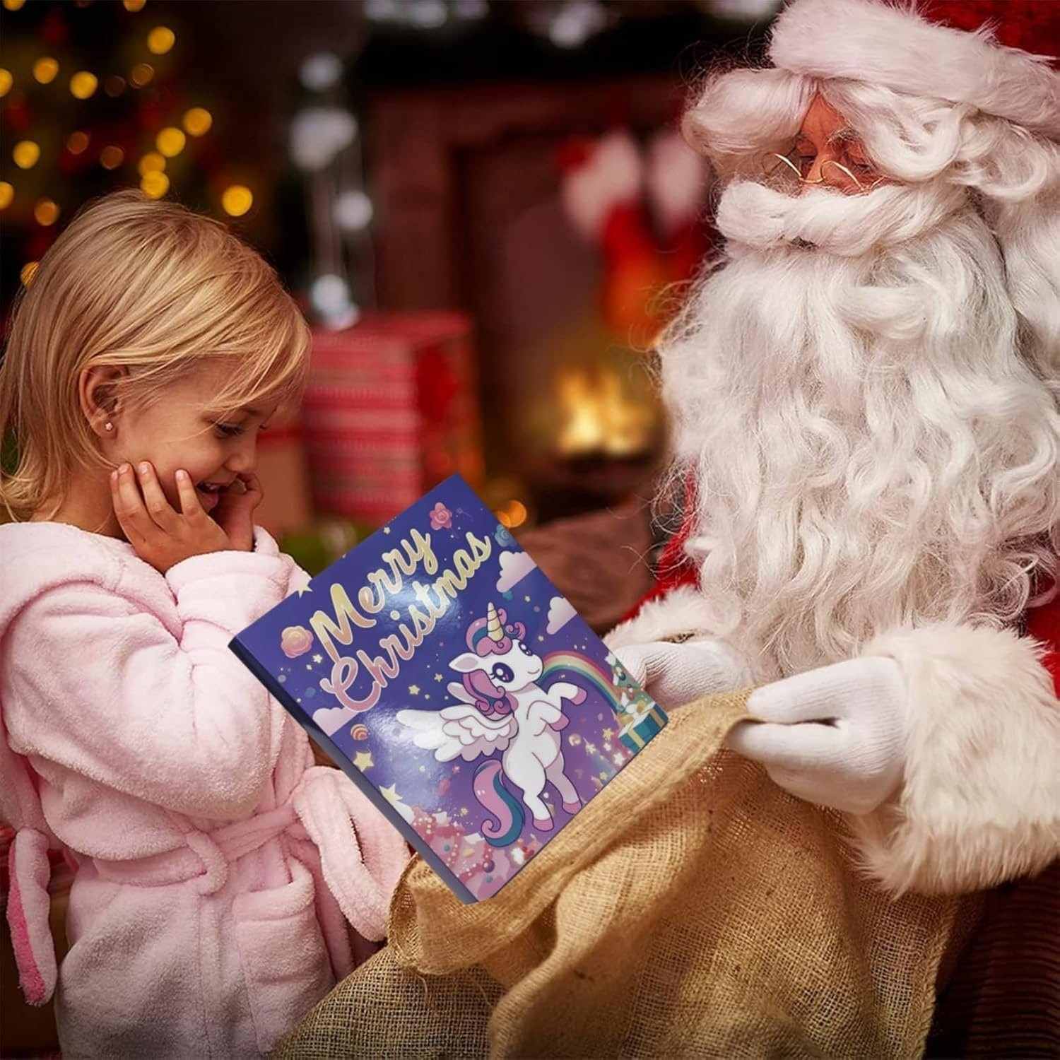 Child in pink robe receiving a Unicorn advent calendar from Santa Claus.
