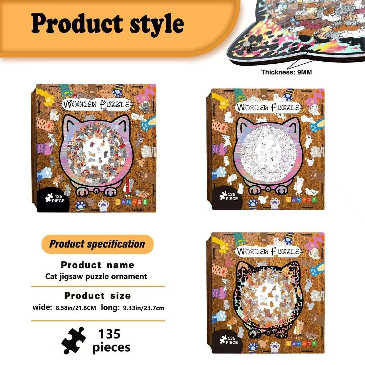 Unique Cat-Shaped Whimsy Wooden Jigsaw Puzzle