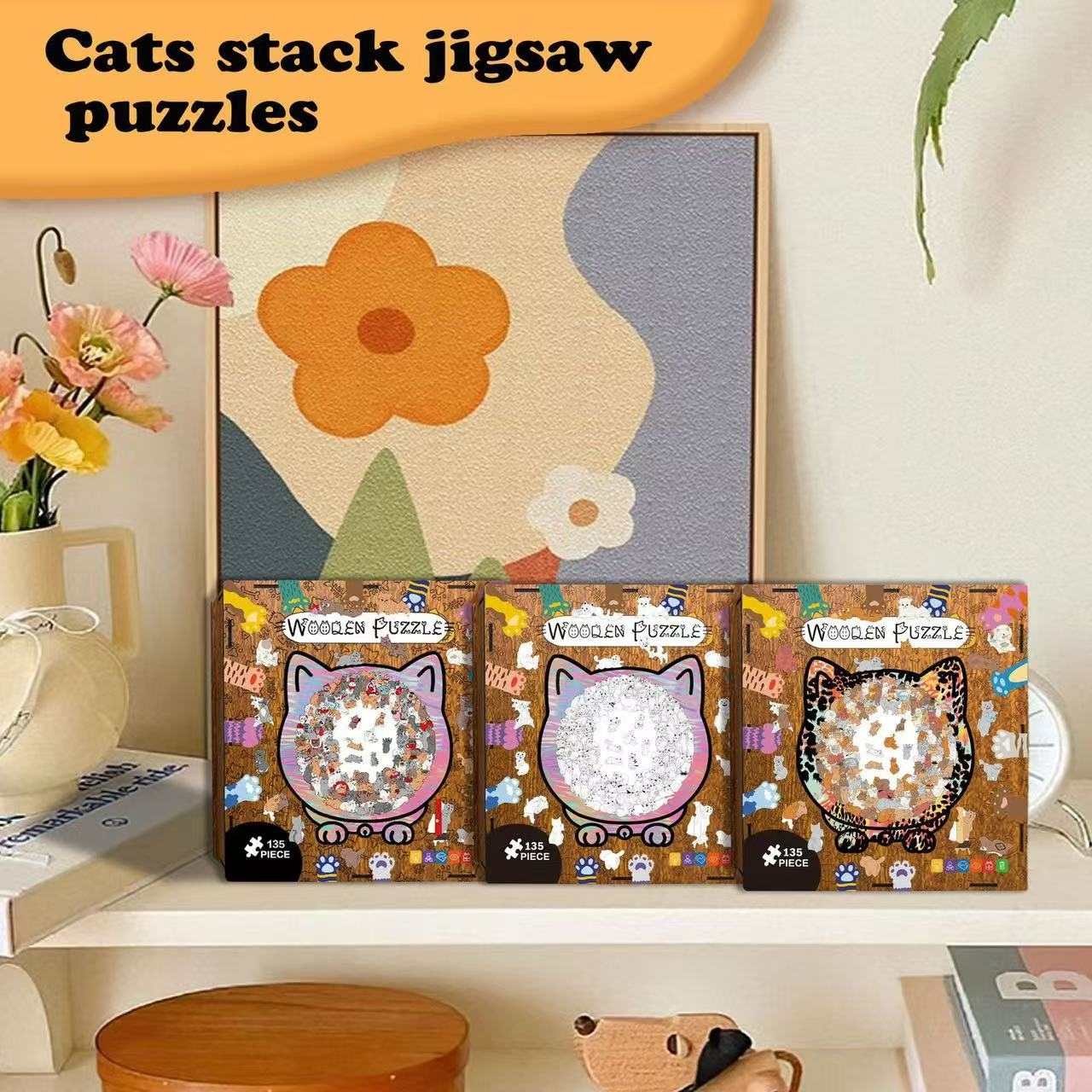 Unique Cat-Shaped Whimsy Wooden Jigsaw Puzzle