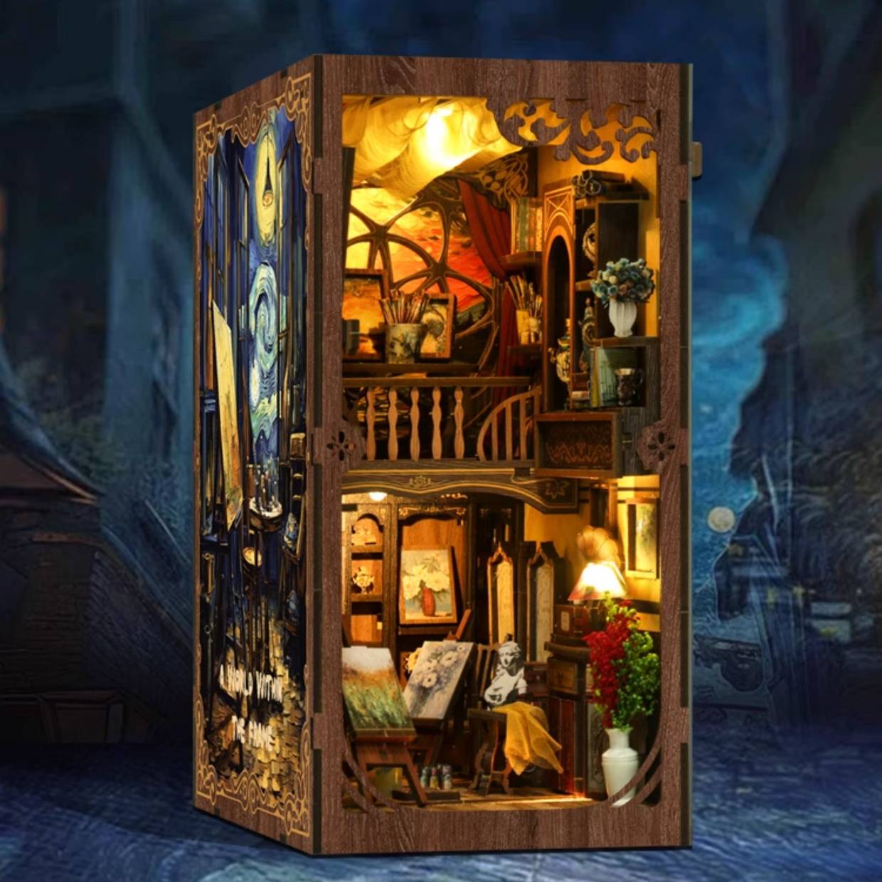 image displaying the finished an Gogh Studio Book Nook with warm light