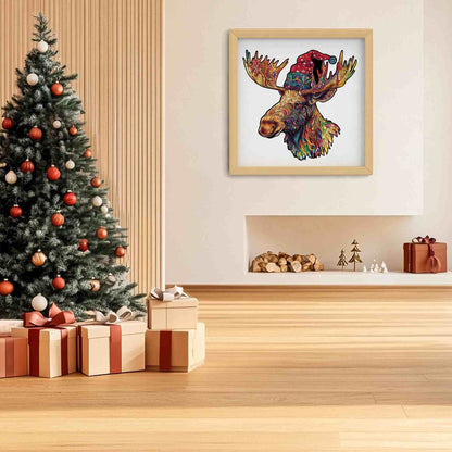 Vibrant Christmas Moose Wooden Jigsaw Puzzle - Abstract Animal Whimsy Pieces