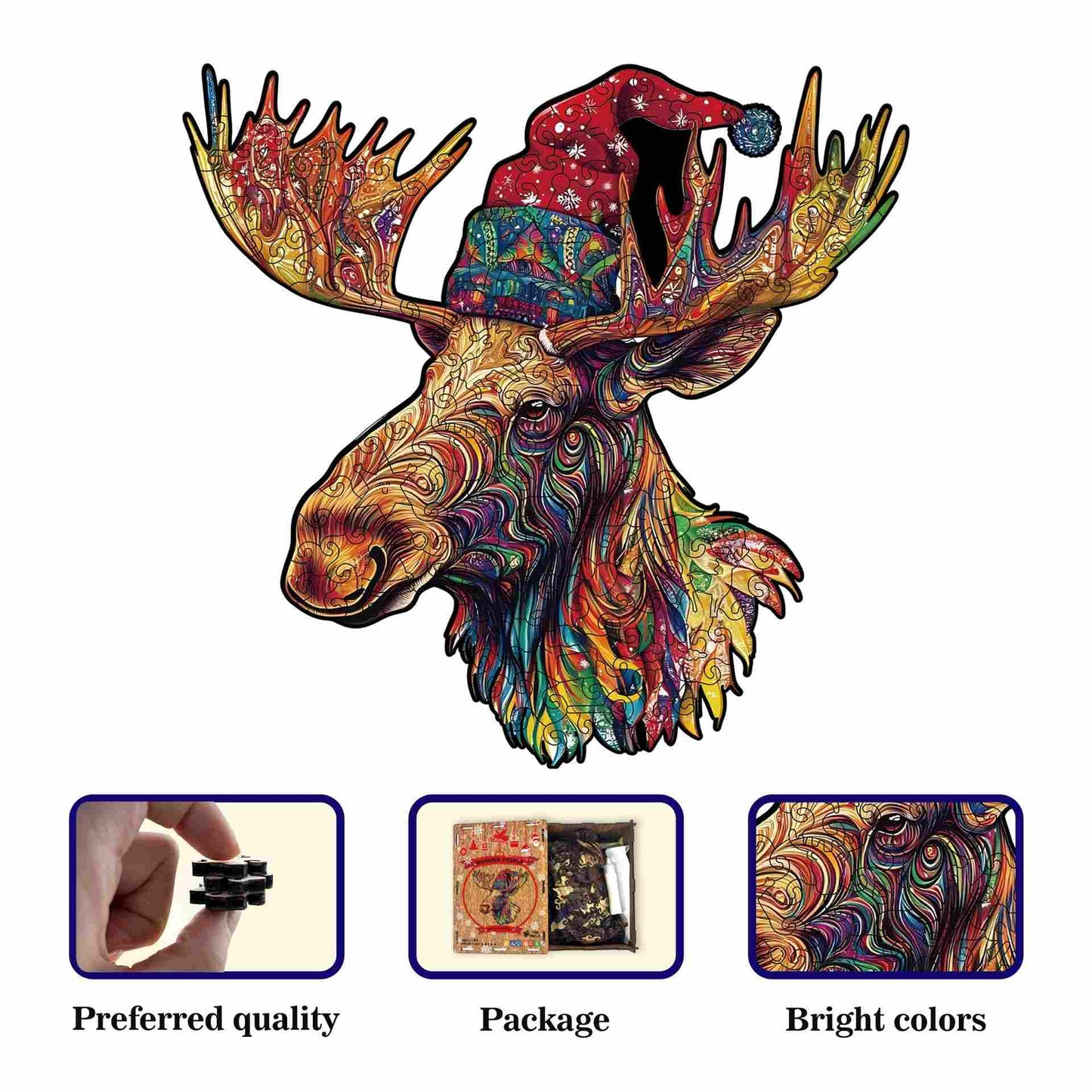 Vibrant Christmas Moose Wooden Jigsaw Puzzle - Abstract Animal Whimsy Pieces
