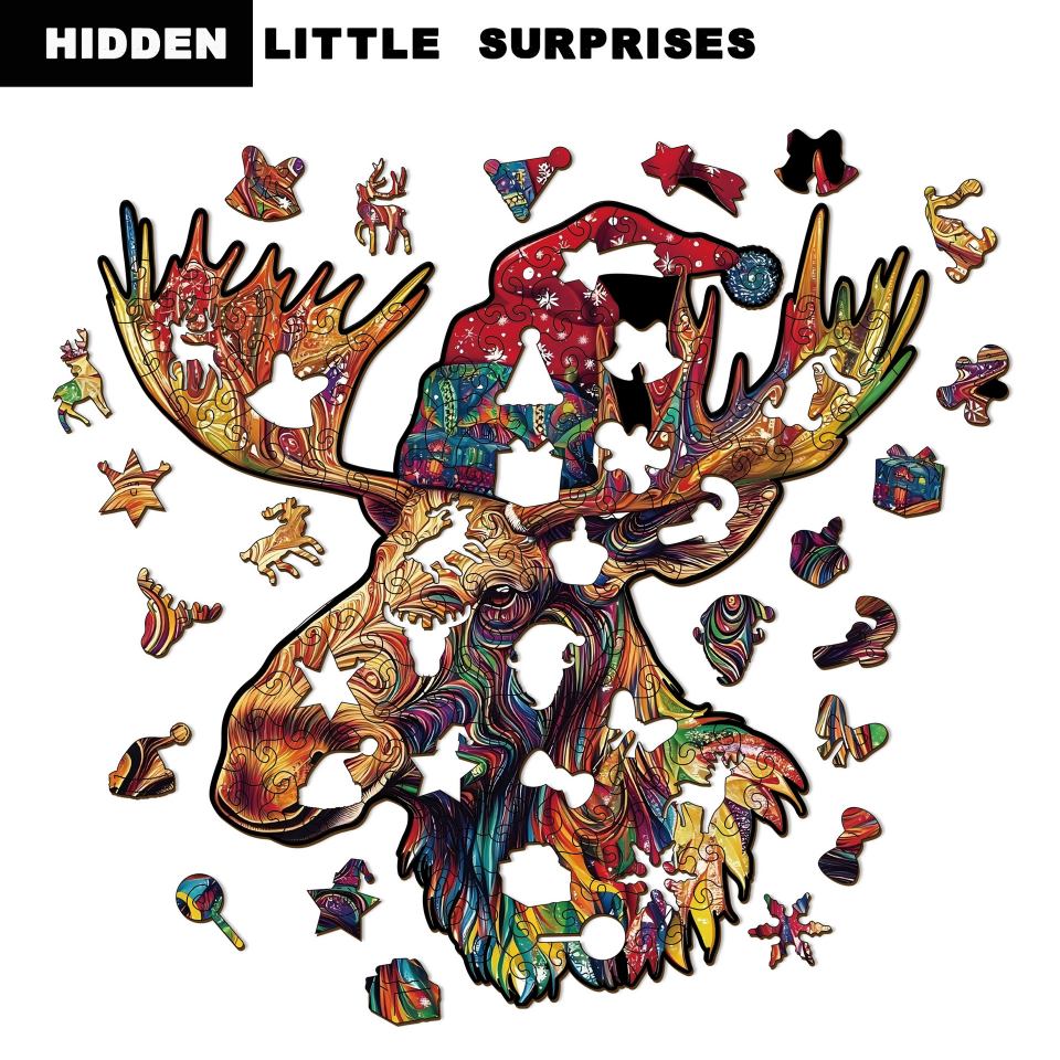 Vibrant Christmas Moose Wooden Jigsaw Puzzle - Abstract Animal Whimsy Pieces