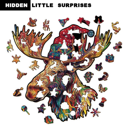 Vibrant Christmas Moose Wooden Jigsaw Puzzle - Abstract Animal Whimsy Pieces