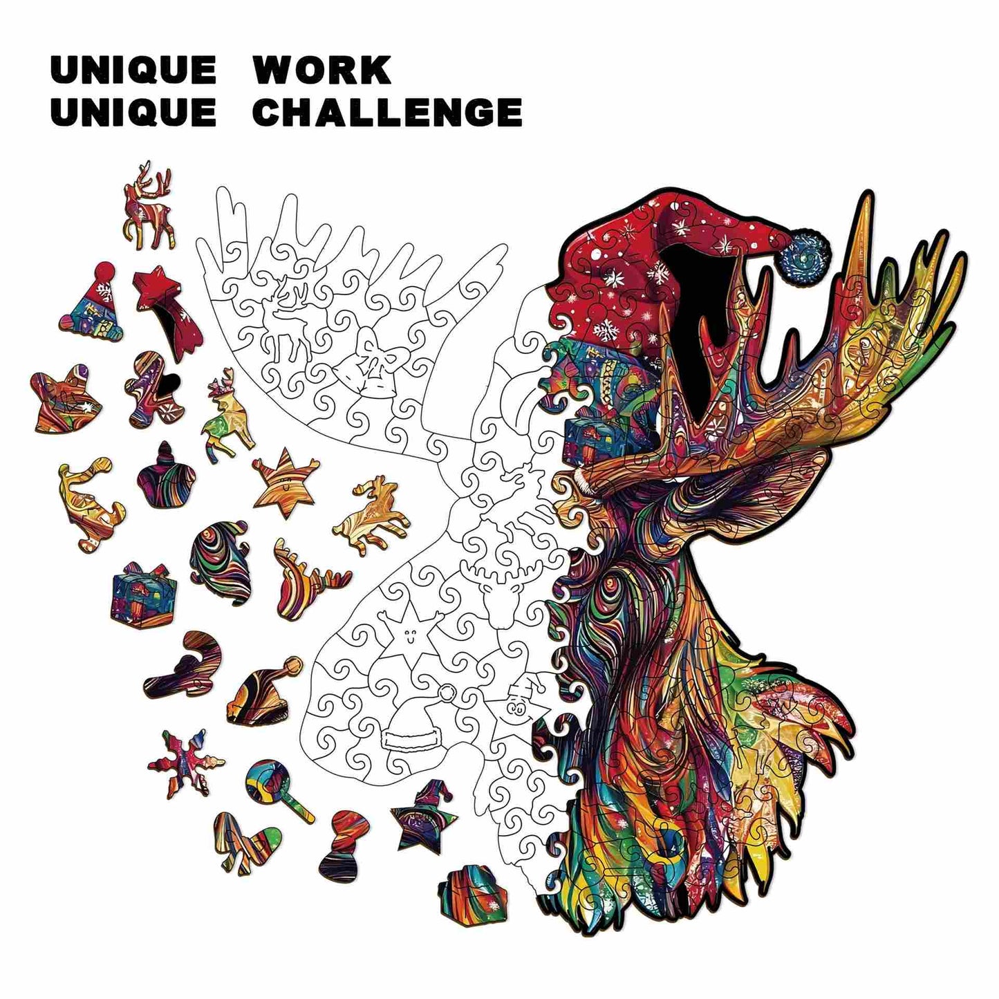 Vibrant Christmas Moose Wooden Jigsaw Puzzle - Abstract Animal Whimsy Pieces