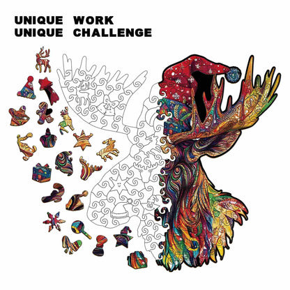 Vibrant Christmas Moose Wooden Jigsaw Puzzle - Abstract Animal Whimsy Pieces