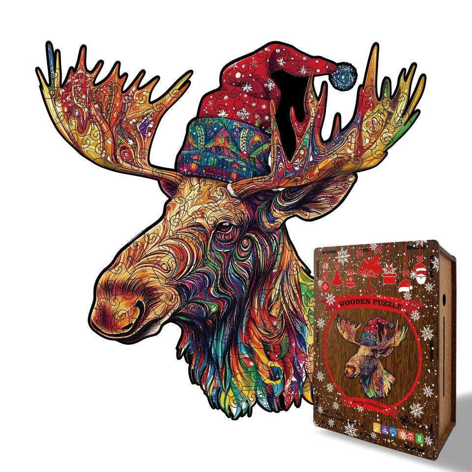 Vibrant Christmas Moose Wooden Jigsaw Puzzle - Abstract Animal Whimsy Pieces
