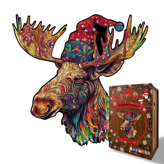 Vibrant Christmas Moose Wooden Jigsaw Puzzle - Abstract Animal Whimsy Pieces