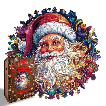 Vibrant Santa Portrait Wooden Jigsaw Puzzle - Psychedelic Christmas Art