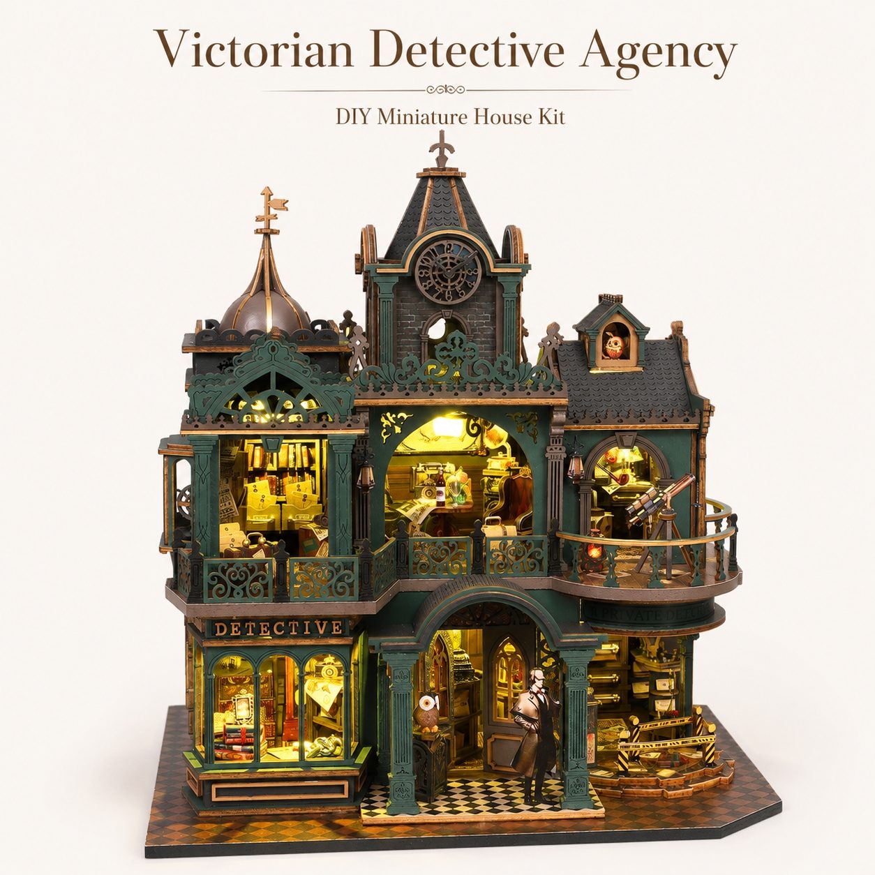 Victorian-style miniature house kit with warm yellow interior lighting, dark green and brown exterior details, and small detective-themed figures, shown on a clean light background with the text 'Victorian Detective Agency DIY Miniature House Kit' above it.