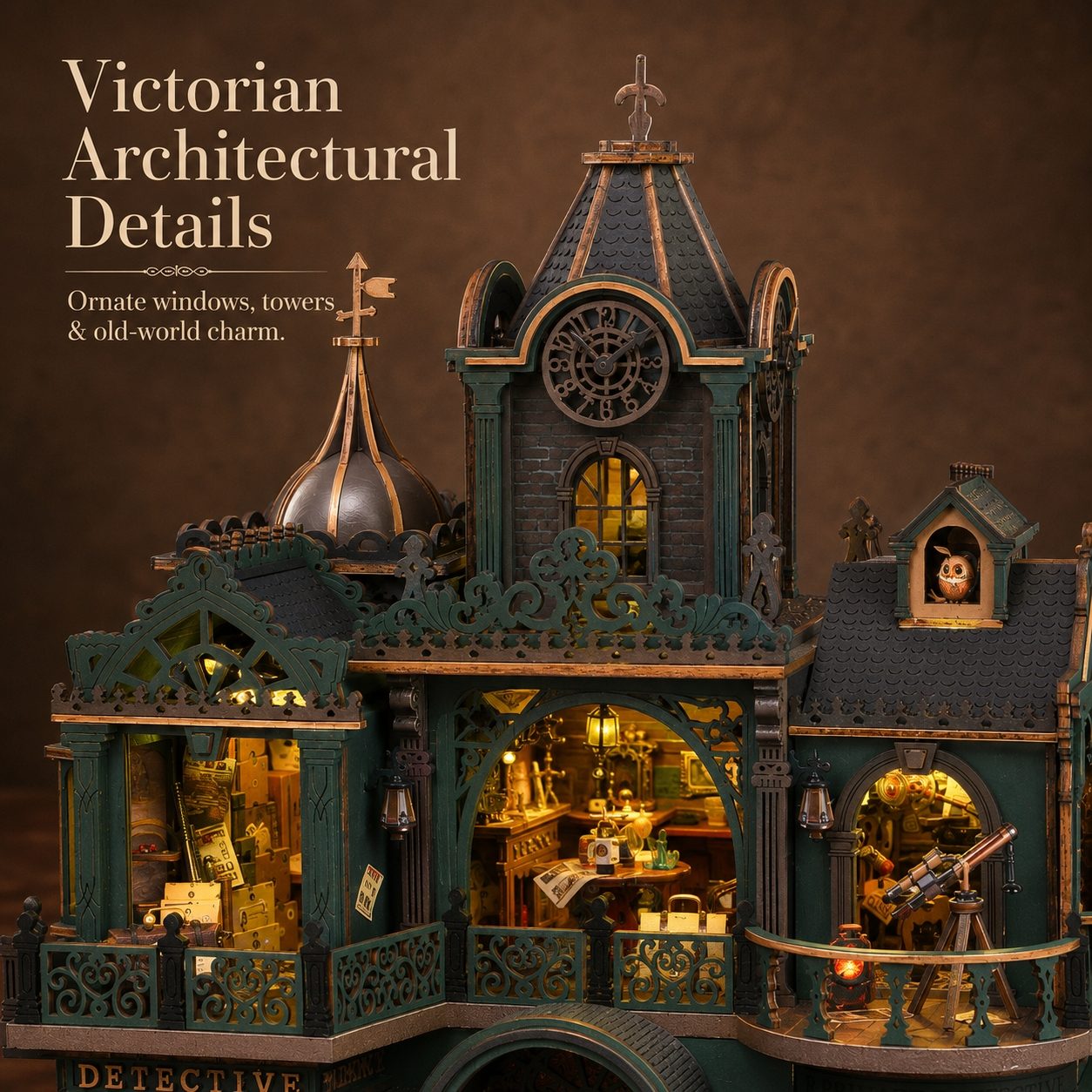 A Victorian-style architectural miniature model building with ornate towers, windows, and warm interior lighting, shown against a dark brown background with the text 'Victorian Architectural Details' and 'Ornate windows, towers & old world charm.'.