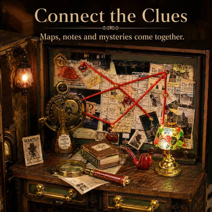 A vintage-style detective-themed miniature scene with an open wooden chest displaying a cluttered evidence board, magnifying glass, brass instruments, newspaper clippings, a red string map, and a small illuminated stained-glass lamp. Large text at the top reads 'Connect the Clues' with the subtitle 'Maps, notes and mysteries come together.