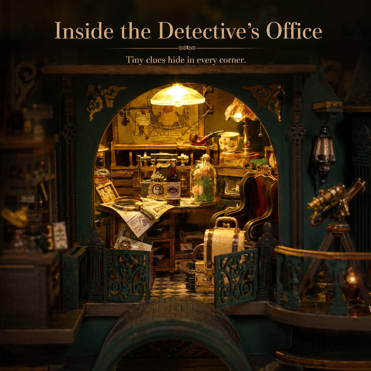 A miniature dollhouse-style detective office scene viewed through an arched doorway, with warm yellow lighting, vintage desk accessories, maps, bottles, and a suitcase. Text at the top reads 'Inside the Detective's Office' and 'Tiny clues hide in every corner.