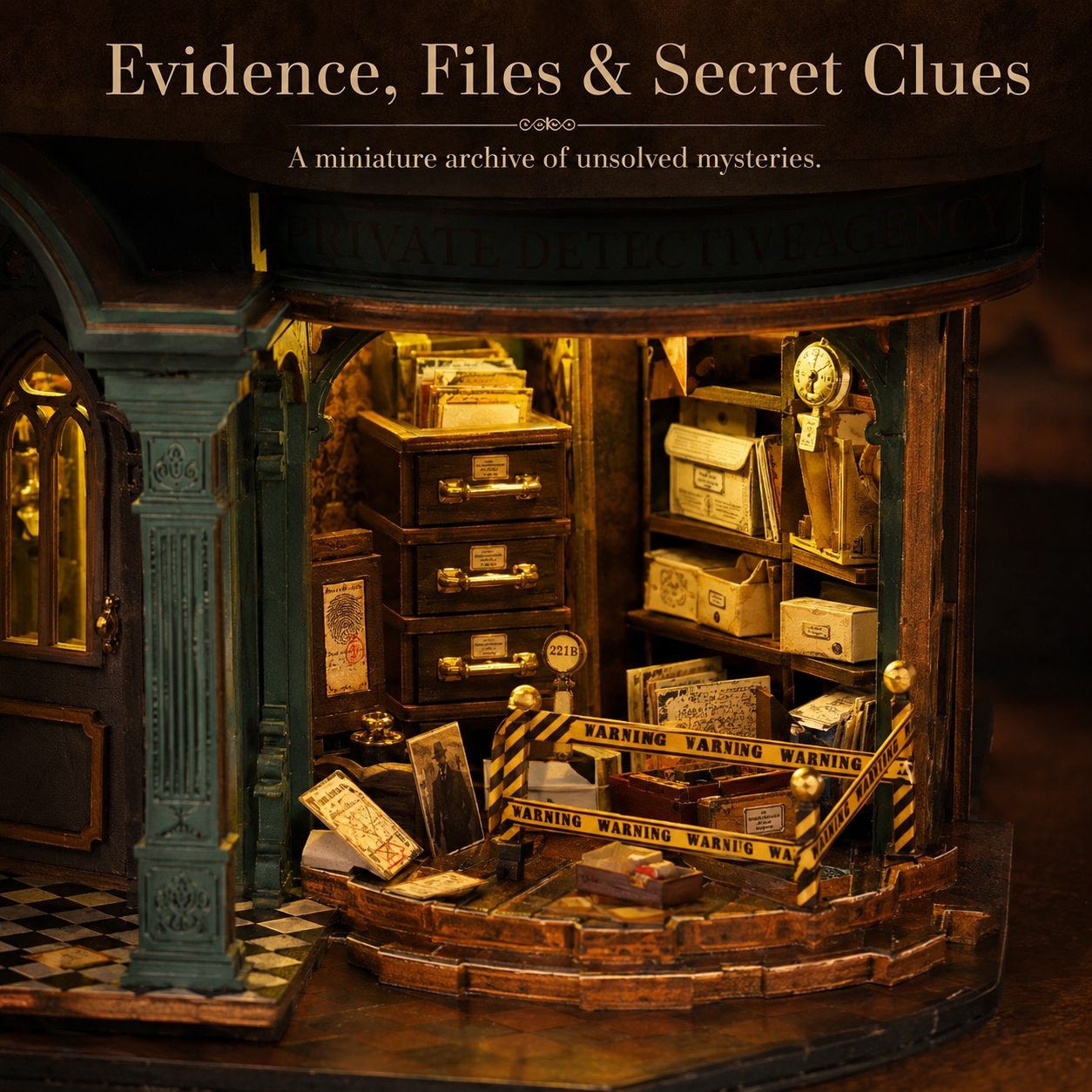A miniature diorama of a detective office or evidence room, styled as a 'miniature archive of unsolved mysteries.' The scene features tiny filing cabinets, shelves with miniature dossiers, a checkered floor, and warning tape.