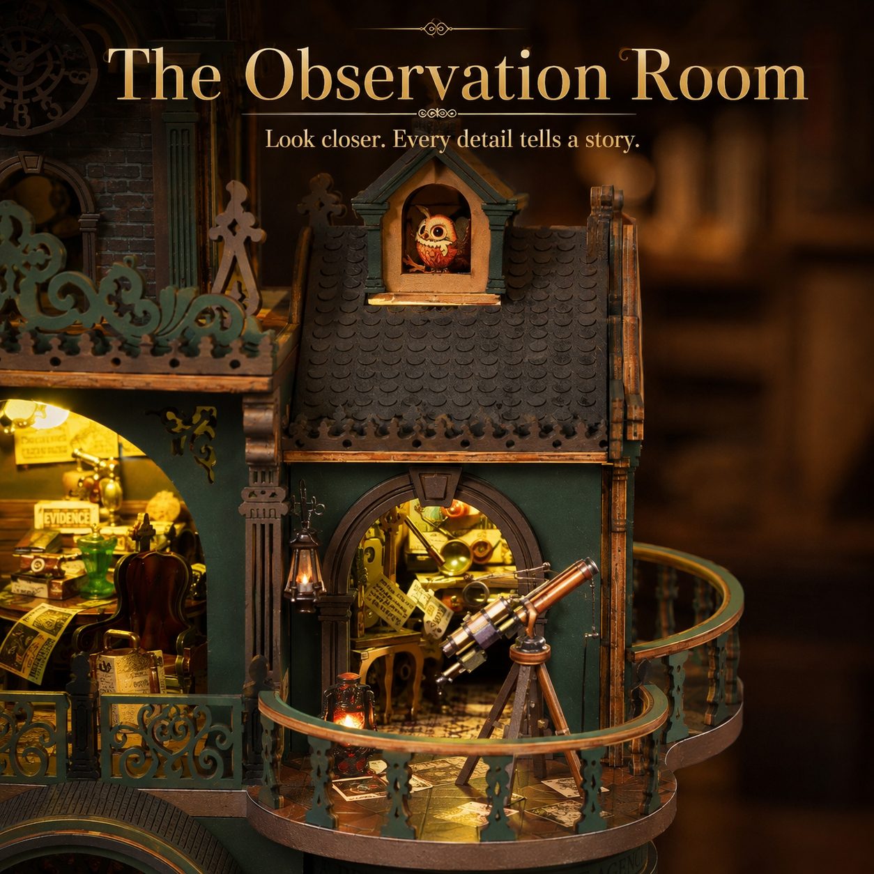 A Victorian-style miniature observation room model with warm golden lighting, a telescope on a balcony, and decorative architectural details. Large text at the top reads 'The Observation Room' with smaller text below.