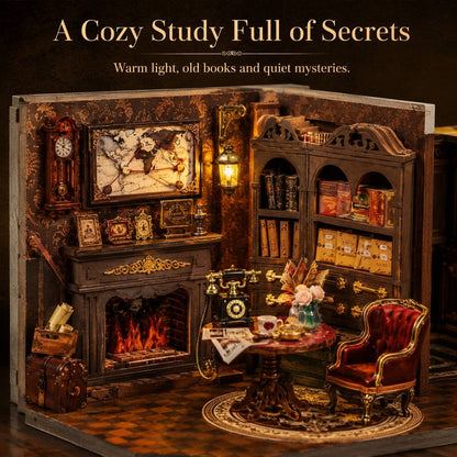 A miniature cozy study diorama with warm lighting, featuring a fireplace, bookshelves, a red velvet armchair, a round table with flowers and a telephone, and a map on the wall. Text at the top reads 'A Cozy Study Full of Secrets' with smaller descriptive copy.